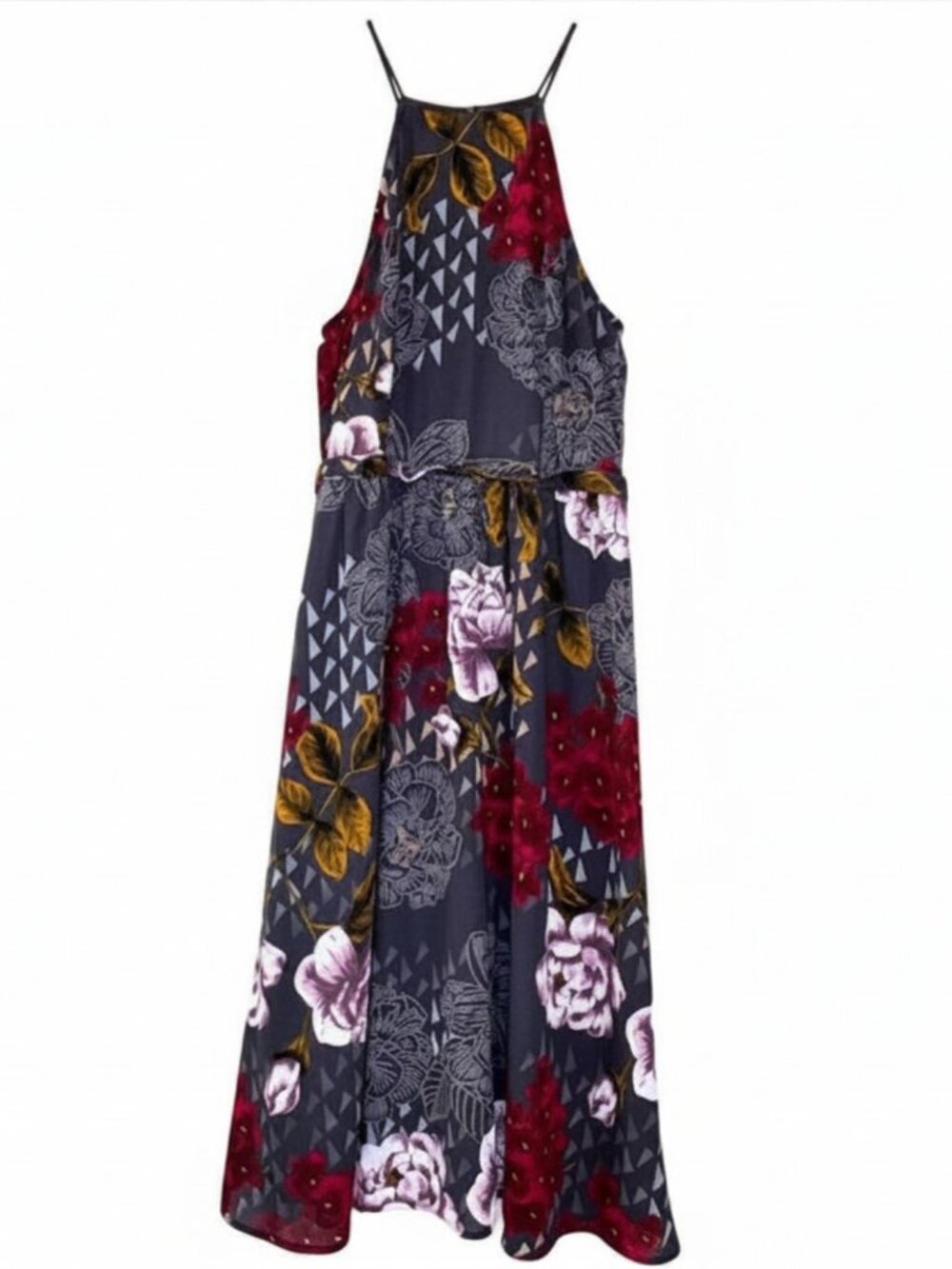Everly Anthropologie Floral Halter Midi Dress Gray Pink Geometric Print Size S - Picture 3 of 6